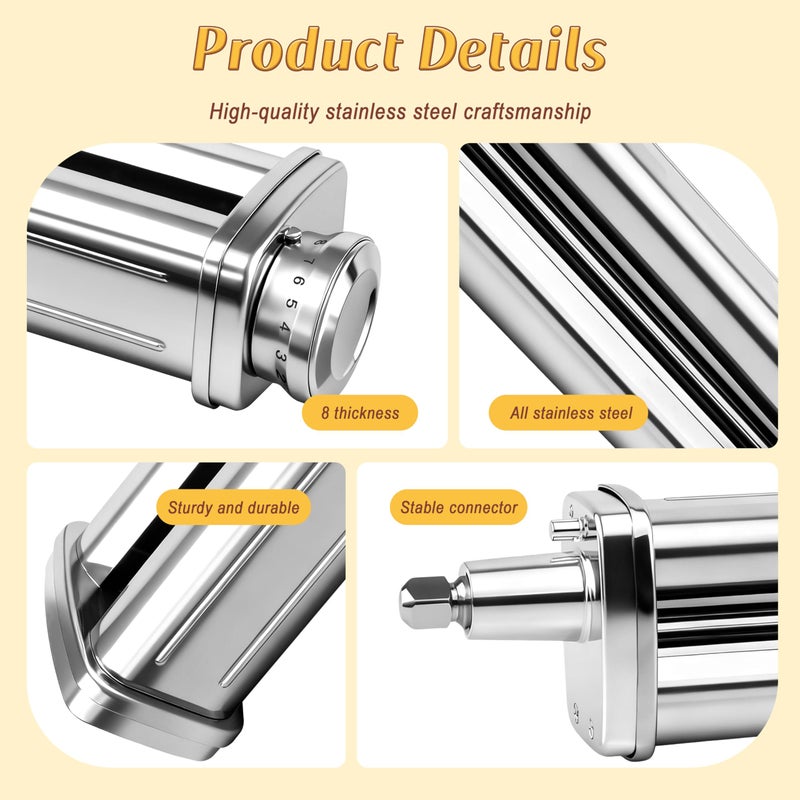 NEVKU Pasta Roller Attachment for KitchenAid Stand Mixer, Stainless steel Pasta Roller Attachment with 8 Adjustable thickness knob, Stainless Steel Pasta Maker accessory Machine - Image 5